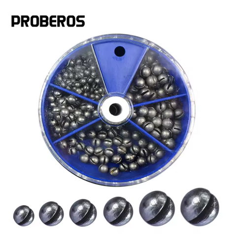 Sett med 205 avtagbare split shot‑bly – 5 størrelser for presis og allsidig rigging