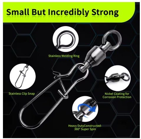 9KM – 10 stk. kulelager‑svivler med Duo‑Lock agraff, svart nikkel 22mm 22lbs