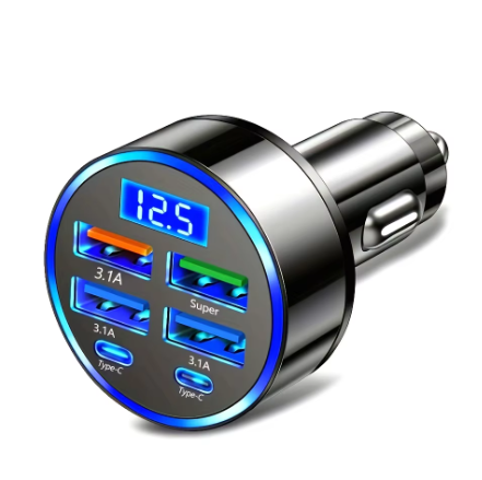 6-in-1 Hurtiglader til Bil 3.1A med Dual Type-C og LED-display