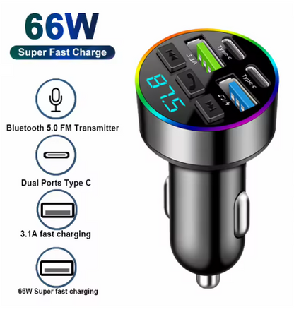 Bluetooth 5.0 FM-sender for bil med 66W hurtiglading og ambient light